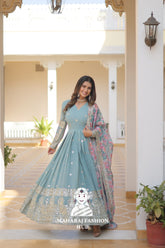 V Neck Faux Georgette Gown with Full Sleeves and Embroidered Silk Dupatta